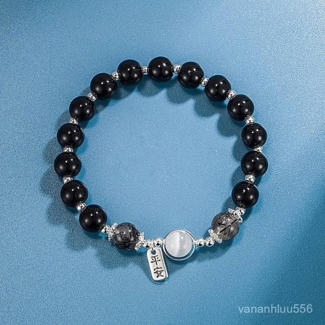 黑曜石黑髮晶女平安吊牌水晶手鏈複古顯白送女友生日禮物串珠手串