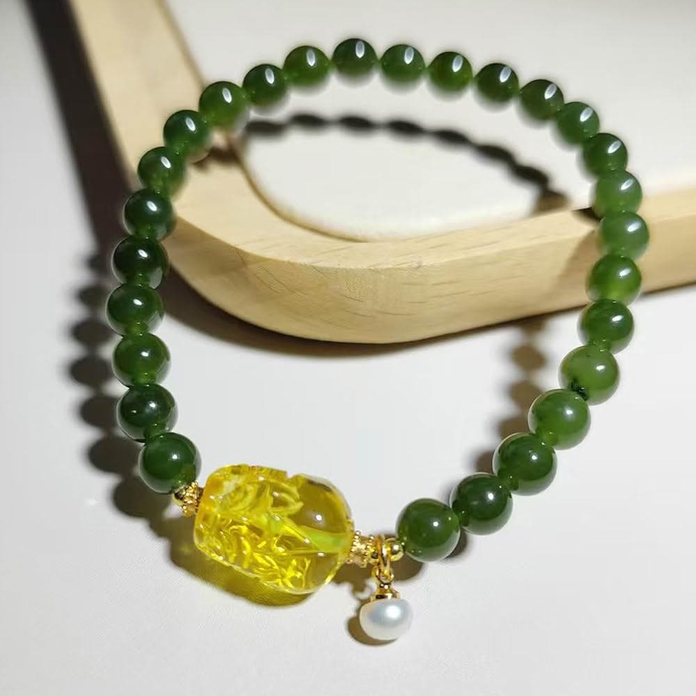 【Paiya 派亞】天然6mm菠菜綠和田玉金珀貔貅單圈手串手鏈少黑點