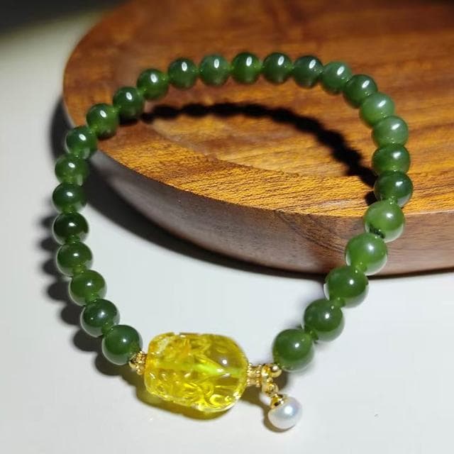【Paiya 派亞】天然6mm菠菜綠和田玉金珀貔貅單圈手串手鏈少黑點