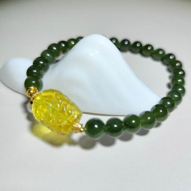 【Paiya 派亞】天然6mm菠菜綠和田玉金珀貔貅單圈手串手鏈少黑點