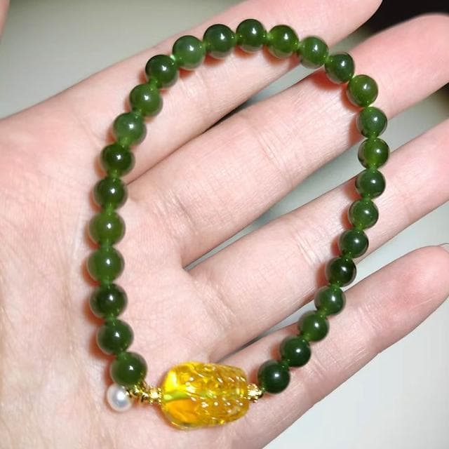【Paiya 派亞】天然6mm菠菜綠和田玉金珀貔貅單圈手串手鏈少黑點