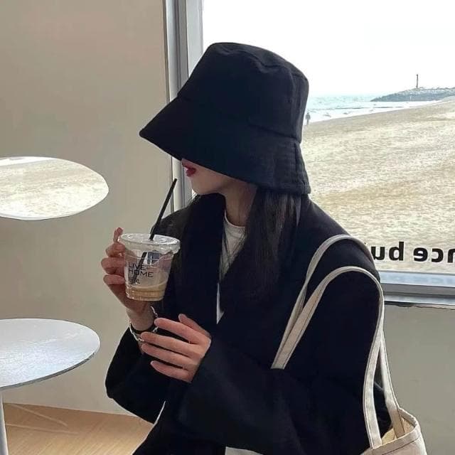 Imanchen黑色漁夫帽男大頭圍大帽檐原創百搭學生日系男士遮陽防曬水桶帽女