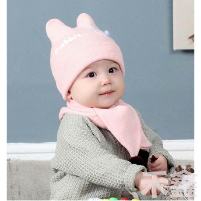 寶寶套帽/嬰幼兒純色兔子兩件套/帽子+圍巾