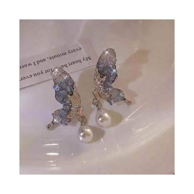 {遇見臻品}BG121個性超閃蝴蝶耳環女輕奢精緻耳環藍色珍珠耳飾珍珠長耳墜耳環女生氣質耳環蝴蝶耳環鑲鑽氣質耳環紫藍色耳環