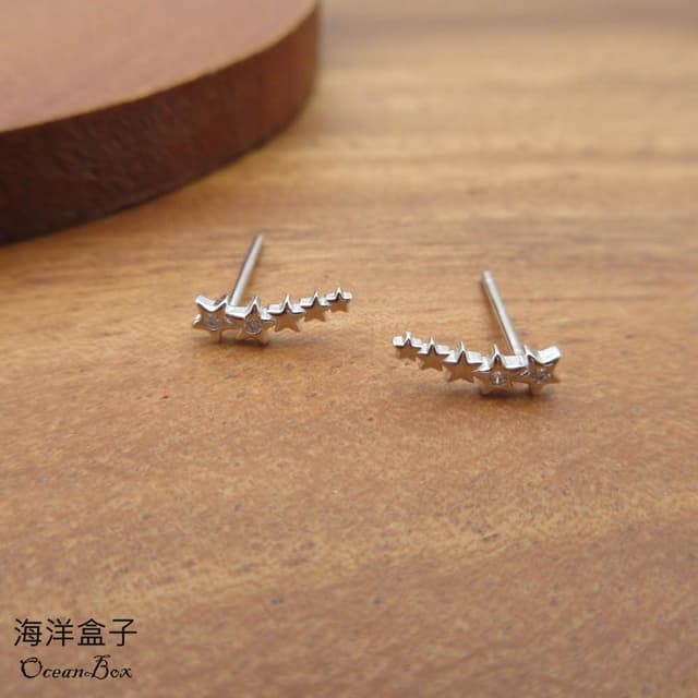 【海洋盒子】閃耀清冷排列鑲鑽微笑流星S925純銀耳環.貼耳耳環.外鍍專櫃級正白K