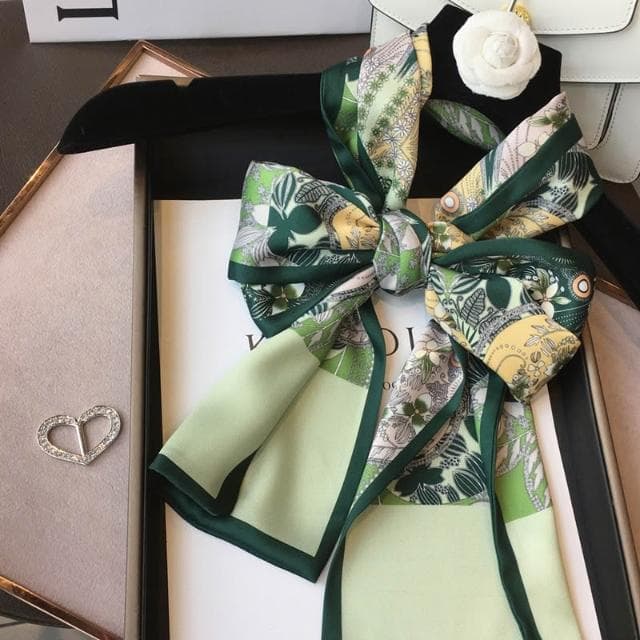 梵花 百搭綠色叢林模擬絲絲巾女長條領巾綁包包飄帶細窄圍巾