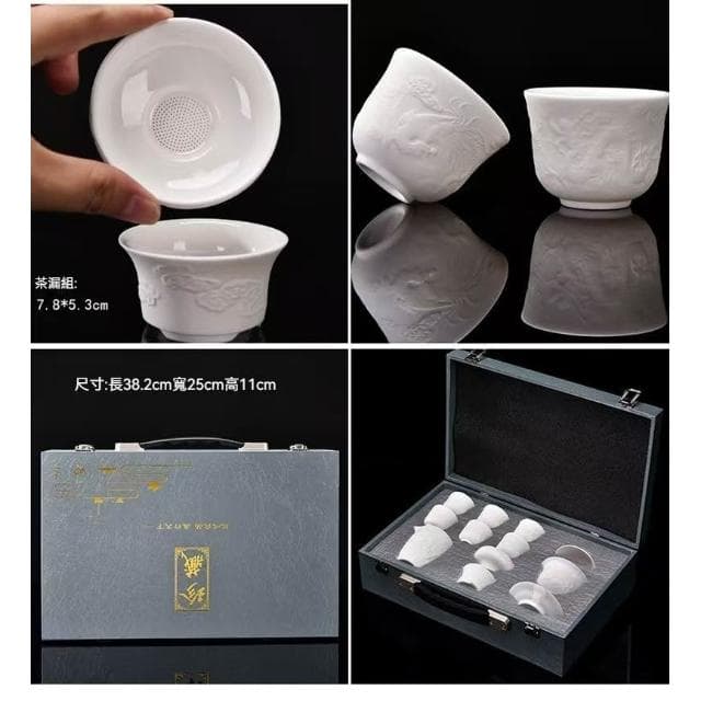 小慕KOGURE 羊脂玉素燒茶具套裝浮雕清明上圖功夫茶具德化白瓷中式存白帶禮盒