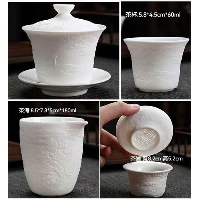 小慕KOGURE 羊脂玉素燒茶具套裝浮雕清明上圖功夫茶具德化白瓷中式存白帶禮盒