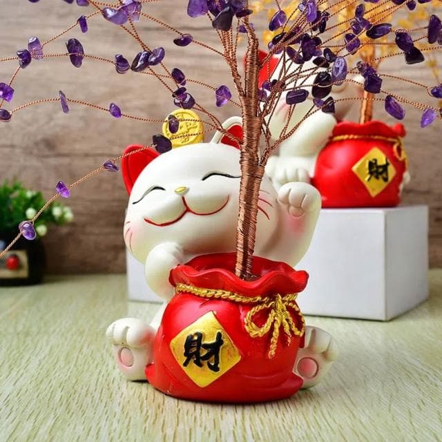 【A&R】開運水晶樹 招財貓貓福袋款(紫水晶 黃水晶 開業 喬遷 風水 搖錢樹 招桃花 好人緣 聚財 交換禮物)