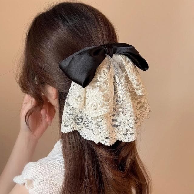 髮夾女一字夾法式刺繡網紗綢面蝴蝶結發夾高級感甜美發飾女後腦勺馬尾夾顯發量(情人節 聖誕節 生日 髮飾 頭飾 髮夾 禮物)