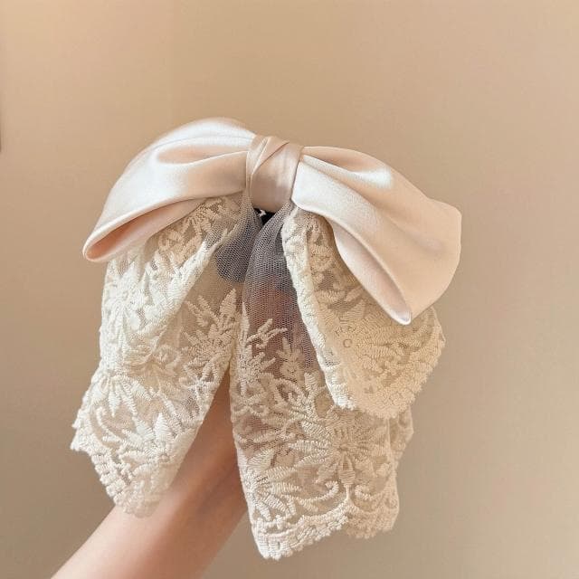 髮夾女一字夾法式刺繡網紗綢面蝴蝶結發夾高級感甜美發飾女後腦勺馬尾夾顯發量(情人節 聖誕節 生日 髮飾 頭飾 髮夾 禮物)