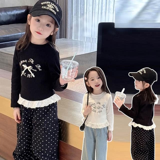 【Arbea】【Arbea】女童長袖T恤衫春夏新款女兒蕾絲拼接洋氣百搭圓領上衣童裝【C1242】