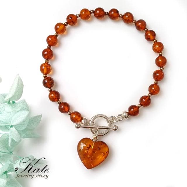 【KATE】銀飾 優雅愛心波蘭天然琥珀純銀手鍊 T扣設計 愛心手鍊 波羅的海琥珀 安神定魄 生日禮物情人禮物