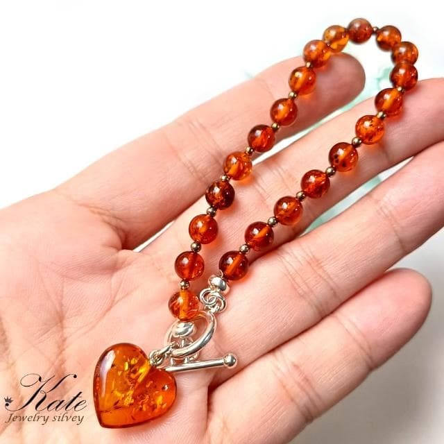 【KATE】銀飾 優雅愛心波蘭天然琥珀純銀手鍊 T扣設計 愛心手鍊 波羅的海琥珀 安神定魄 生日禮物情人禮物