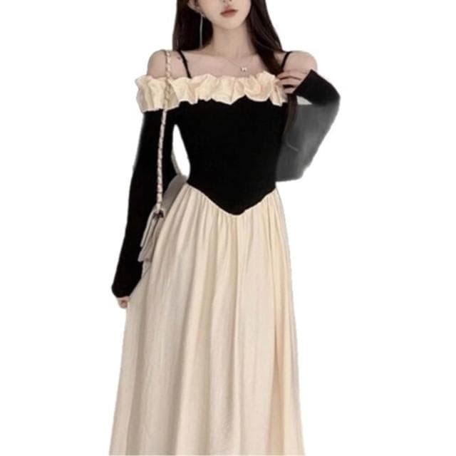 連衣裙女長裙吊帶裙女赫本風一字領拼接撞色吊帶連衣裙女2025春秋季新款法式修身收腰氣質長裙洋裝裙子生日小禮服約會氣質長裙