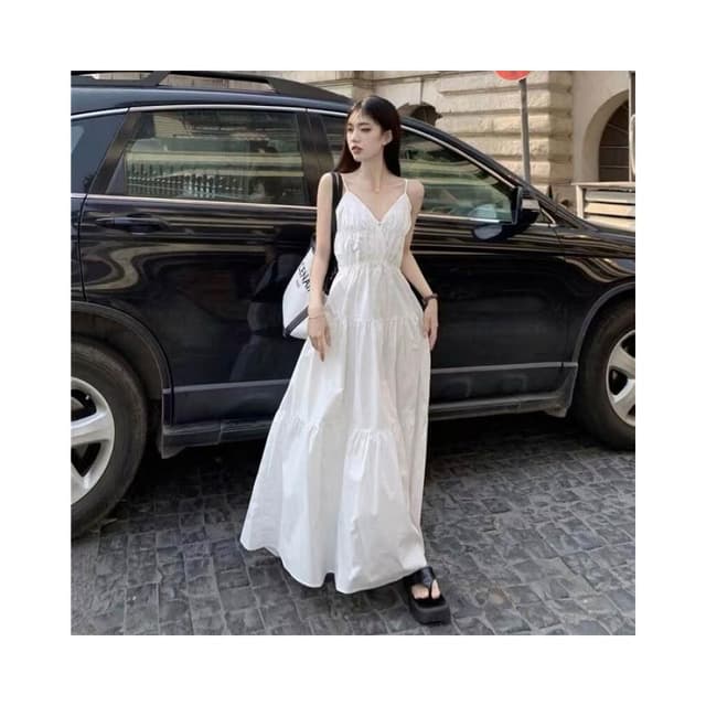 連衣裙女吊帶裙長裙女2025新款法式白色仙女裙吊帶裙海邊度假連衣裙女顯瘦夏季裙子小眾氣質長裙洋裝裙子約會生日優雅長裙女