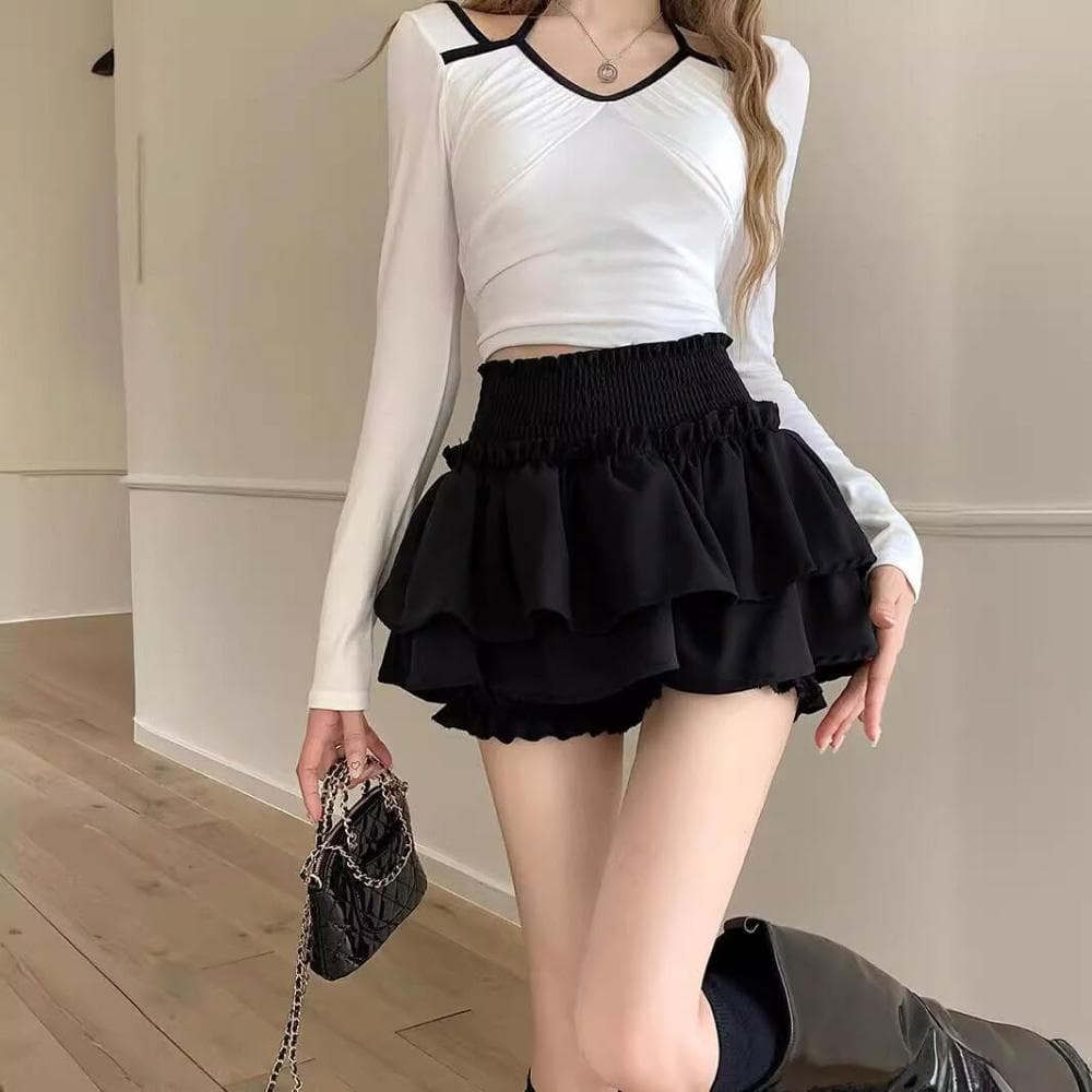 半身裙女短裙蓬蓬裙黑色褶皺半身裙女2025夏季新款芭蕾風蛋糕裙子高腰顯瘦a字裙防走光短褲裙洋裝裙子女約會生日氣質短裙女 