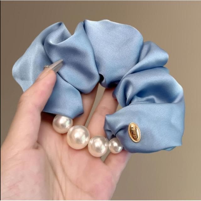 大腸圈ins韓系髮圈漫仙女奶油海藍~韓版緞面珍珠邊氣質溫柔低馬尾高級感旅行皮筋 髮飾髮圈(七夕 情人節 生日 髮飾 ） 