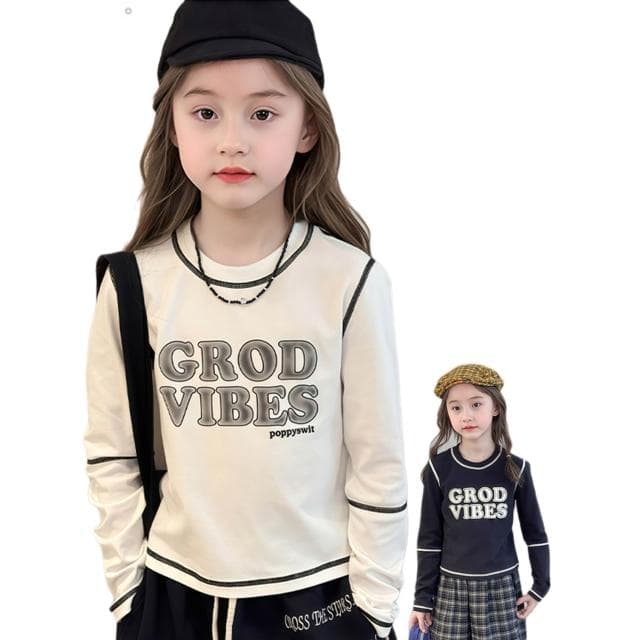 【Arbea】兒童秋季款長袖T卹女孩撞色圓領上衣休閒打底衫內搭童裝【C1249】