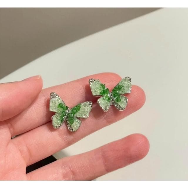 {遇見臻品}BG459耳夾耳針碎冰蝴蝶耳環綠色耳環綠色蝴蝶耳環碎冰綠蝴蝶耳飾品漸變蝴蝶耳環漸變綠色耳環碎冰藍蝴蝶夾式耳環