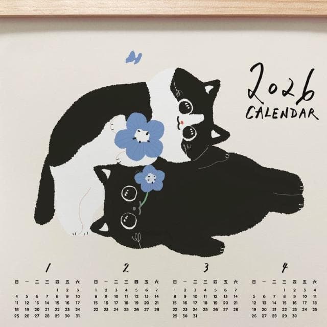 森蕗插畫🌲新款🌲 2026年曆黑貓賓士叼花掛曆海報 臥室裝飾牆壁裝飾牆面裝飾居家裝飾房間裝飾交換禮物朋友生日禮物