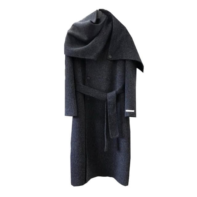 秋冬走秀設計圍巾款雙面羊毛大衣雙排扣輕奢長款外套25年女