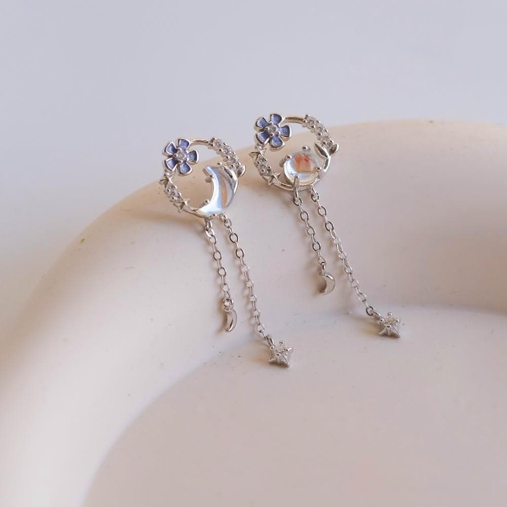 【Porabella】925純銀 月光石耳釘｜花朵 月亮 流蘇設計 穿洞式耳飾｜ 穩定情緒 戀人之石不對襯耳環｜精美包裝