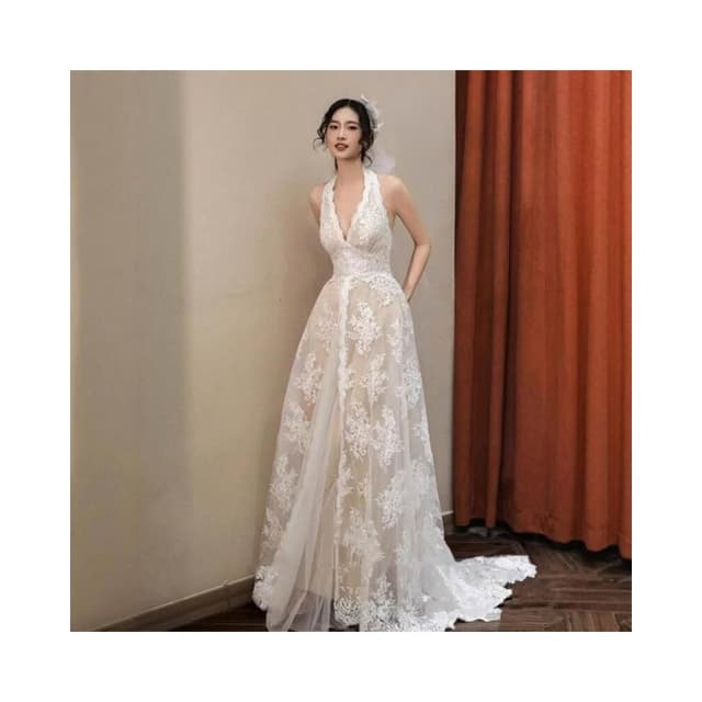 新娘婚禮晨袍晚宴生日聚會森系超仙韓式蕾絲輕婚紗高級感掛脖禮服