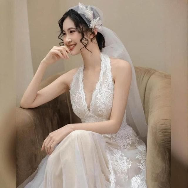 新娘婚禮晨袍晚宴生日聚會森系超仙韓式蕾絲輕婚紗高級感掛脖禮服