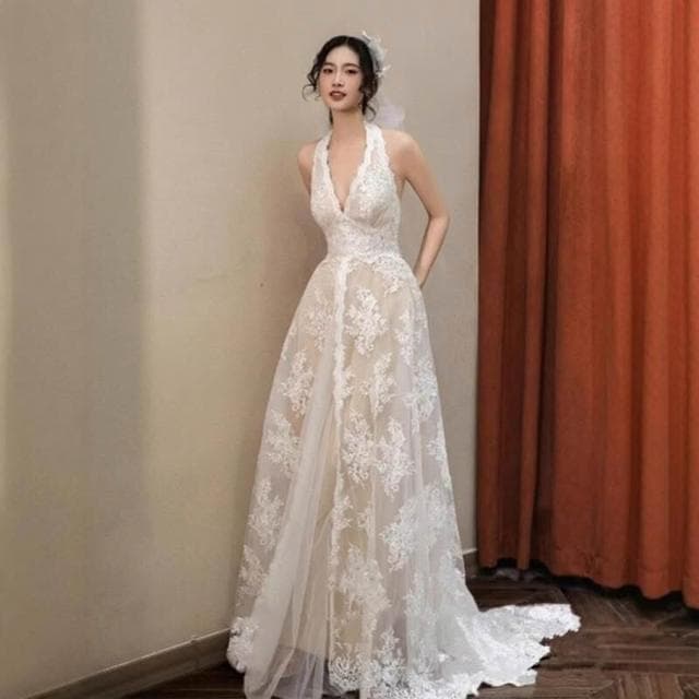 新娘婚禮晨袍晚宴生日聚會森系超仙韓式蕾絲輕婚紗高級感掛脖禮服