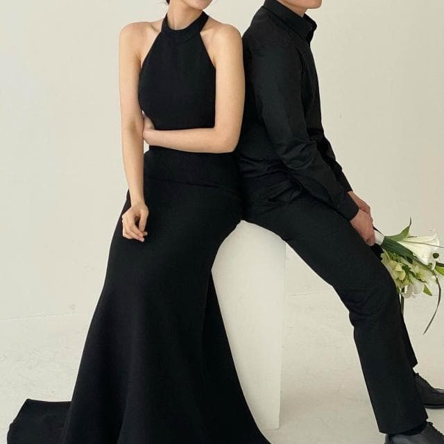 韓系赫本風晚禮服生日宴會氣質典禮主持人掛脖露背黑色魚尾小拖尾