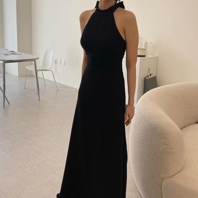 韓系赫本風晚禮服生日宴會氣質典禮主持人掛脖露背黑色魚尾小拖尾