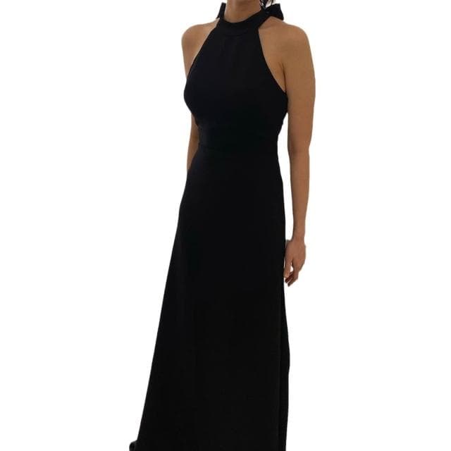 韓系赫本風晚禮服生日宴會氣質典禮主持人掛脖露背黑色魚尾小拖尾