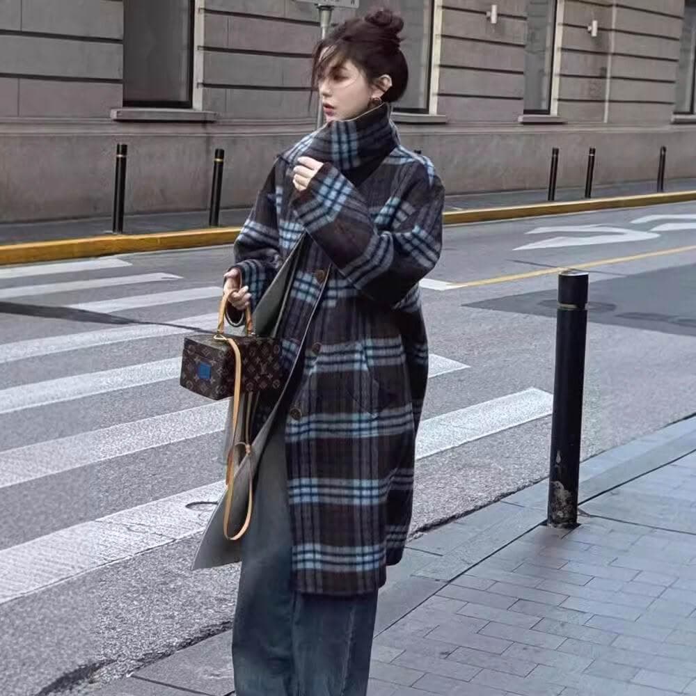 高級感韓系雙面羊毛大衣寬松格子圍巾雙面呢中長款羊毛呢子外套女