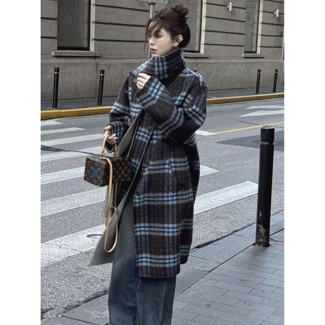 高級感韓系雙面羊毛大衣寬松格子圍巾雙面呢中長款羊毛呢子外套女