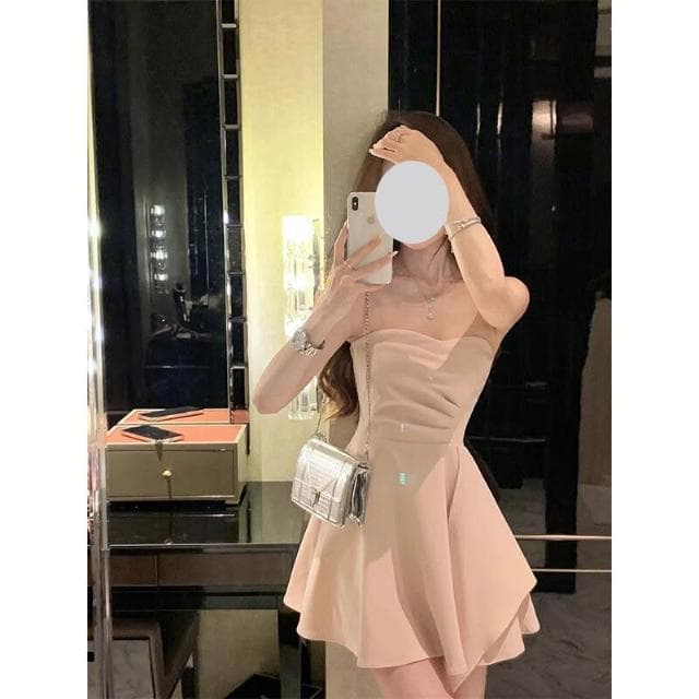 新款生日小禮服溫柔風粉色不規則下擺收腰性感短裙抹胸連衣裙女