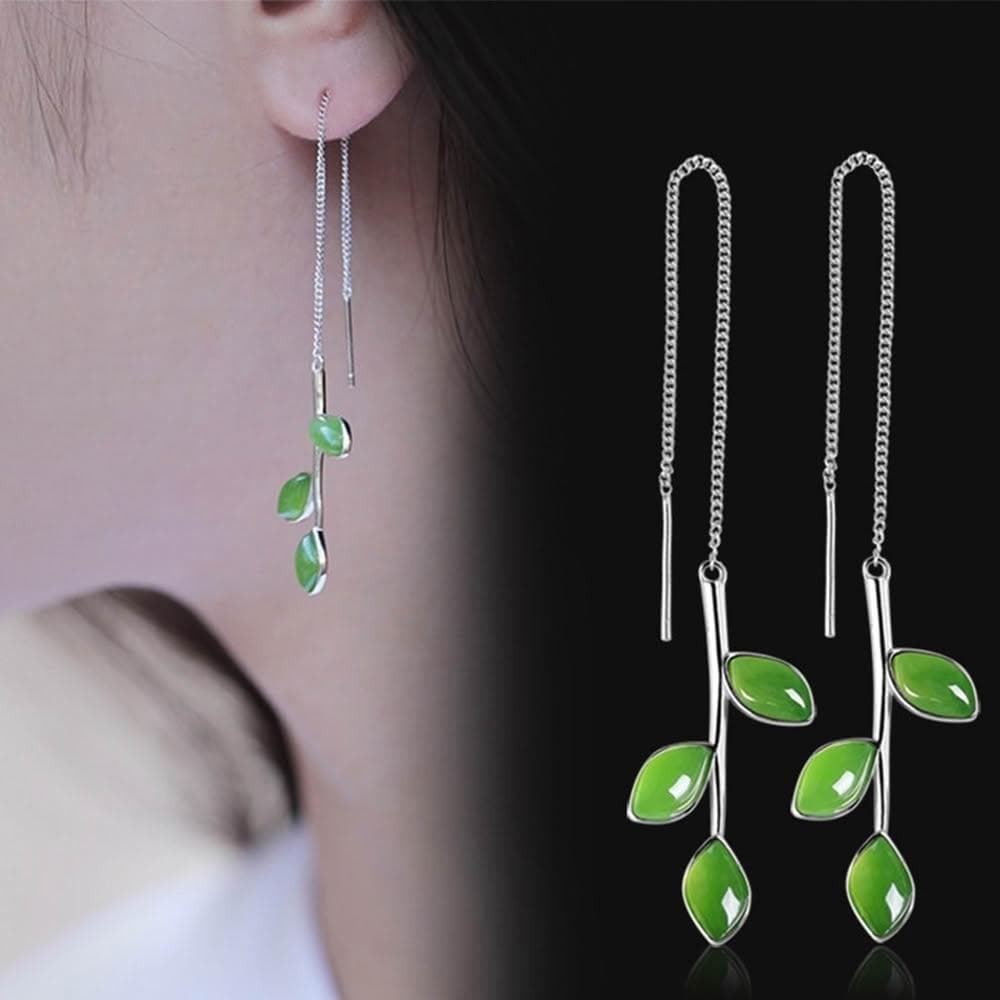 【MoonDy】樹葉吊墜耳環 和田玉配飾 碧玉耳環 純銀飾品 天然玉石 長款耳飾 古風耳環
