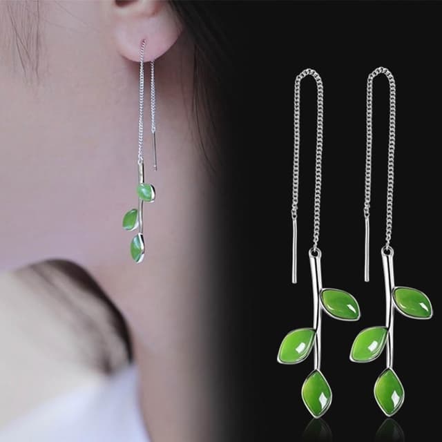【MoonDy】樹葉吊墜耳環 和田玉配飾 碧玉耳環 純銀飾品 天然玉石 長款耳飾 古風耳環