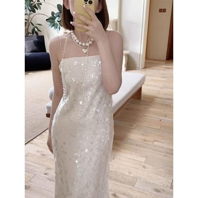 含税 法式小眾吊帶亮片禮服套裝連衣裙高級質感聚會氣質生日派對中長裙