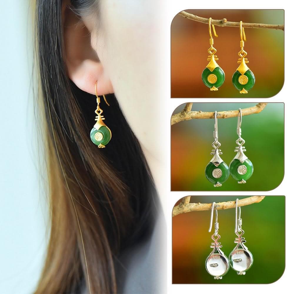 【MoonDy】碧玉耳飾 和田玉耳環 漢服配飾 福字耳墜 玉石飾品 純銀耳鈎 女生銀飾 琵琶耳環