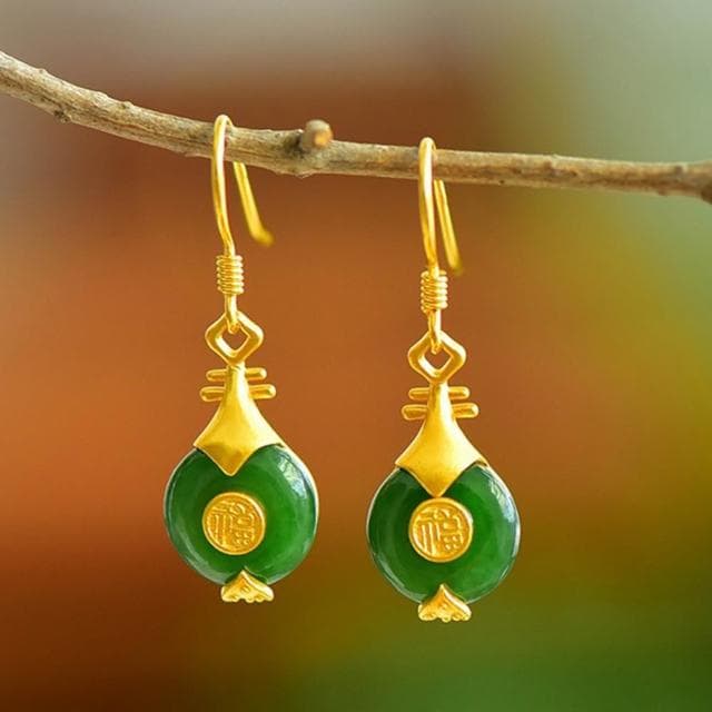【MoonDy】碧玉耳飾 和田玉耳環 漢服配飾 福字耳墜 玉石飾品 純銀耳鈎 女生銀飾 琵琶耳環