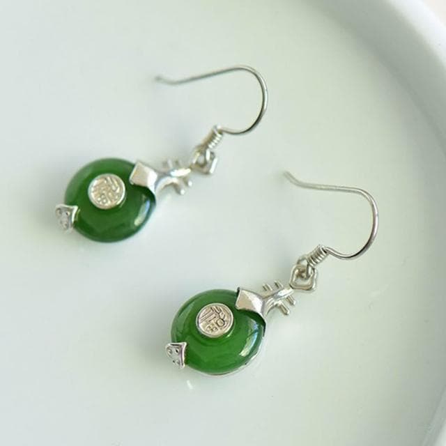 【MoonDy】碧玉耳飾 和田玉耳環 漢服配飾 福字耳墜 玉石飾品 純銀耳鈎 女生銀飾 琵琶耳環