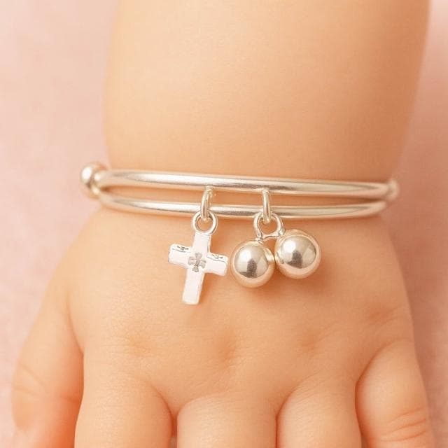【珠兒綠】999純銀幸福十字架搖鈴手鐲 嬰兒|兒童|成人尺寸 純銀手鐲 彌月禮物 周歲禮物 新年禮物