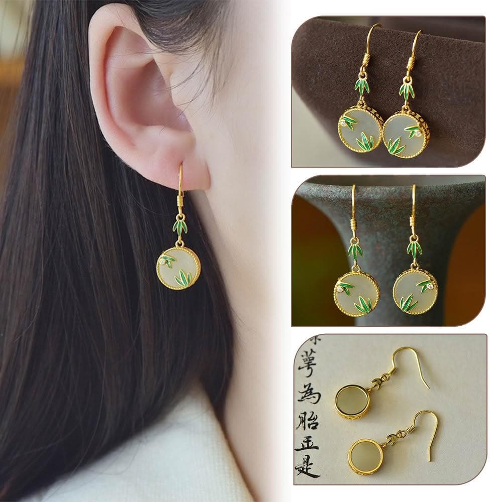 【MoonDy】竹葉琺瑯耳飾 鈎型耳環 和田玉耳環 純銀飾品 女生飾品 復古銀飾 吊墜耳環 新中式配飾