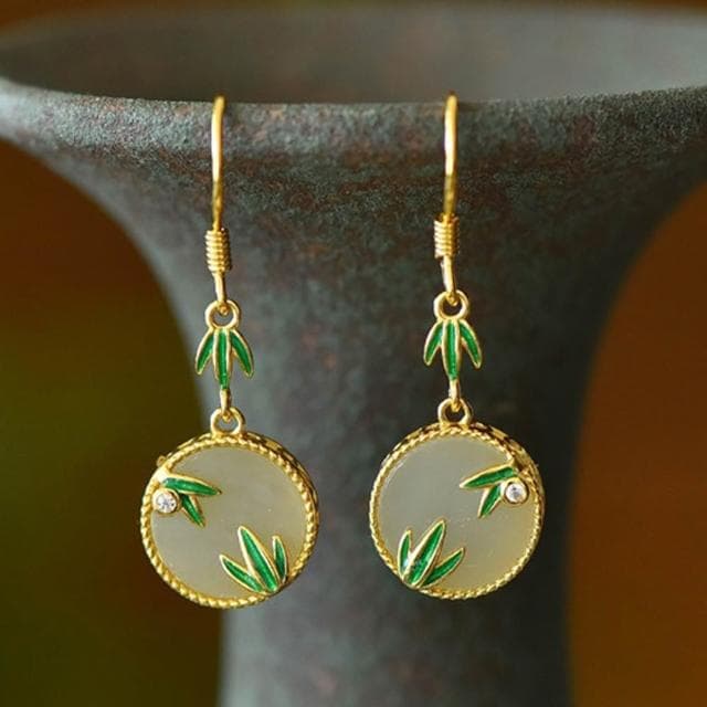 【MoonDy】竹葉琺瑯耳飾 鈎型耳環 和田玉耳環 純銀飾品 女生飾品 復古銀飾 吊墜耳環 新中式配飾