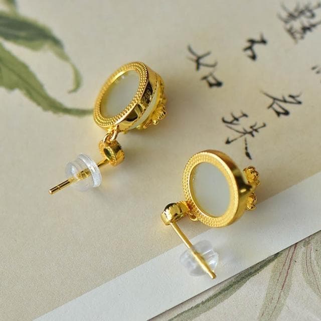 【MoonDy】梅花耳環 白玉飾品 耳釘耳環 純銀耳環 吊墜耳環 和田玉飾品 女生飾品 天然玉石 復古耳飾