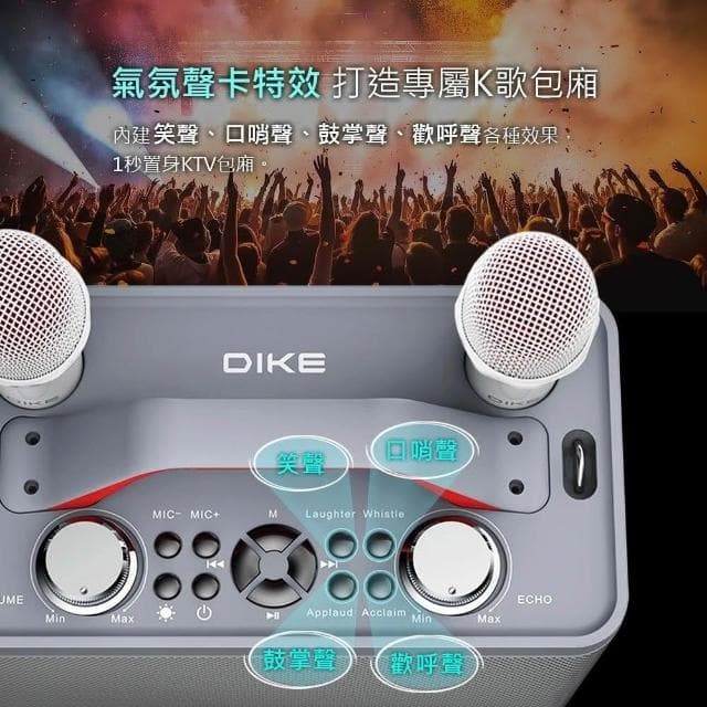 【DIKE】家庭KTV卡拉OK 藍芽音響 DIKE行動手提式 DSO580 K歌音箱 露營 氣氛 無線麥克風 雙麥連機款 藍芽麥克風