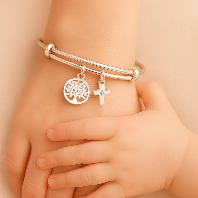 【珠兒綠】999純銀十字架生命樹手鐲 嬰兒|兒童|成人尺寸 純銀手鐲 彌月禮物 周歲禮物