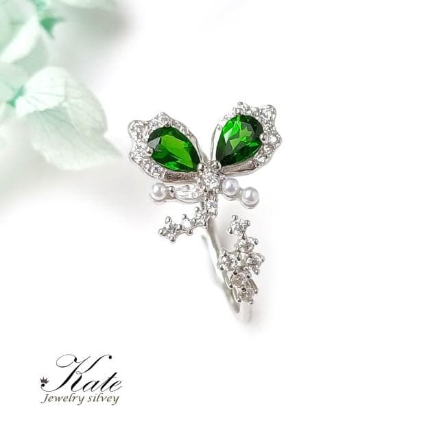 【KATE】銀飾 天然透輝石純銀戒指 翩飛蝴蝶 祖母綠姊妹石 鉻透輝石 活圍 綠色寶石戒指 生日禮物 情人禮物)