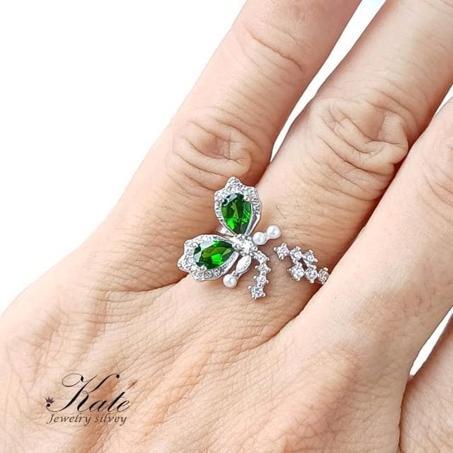 【KATE】銀飾 天然透輝石純銀戒指 翩飛蝴蝶 祖母綠姊妹石 鉻透輝石 活圍 綠色寶石戒指 生日禮物 情人禮物)